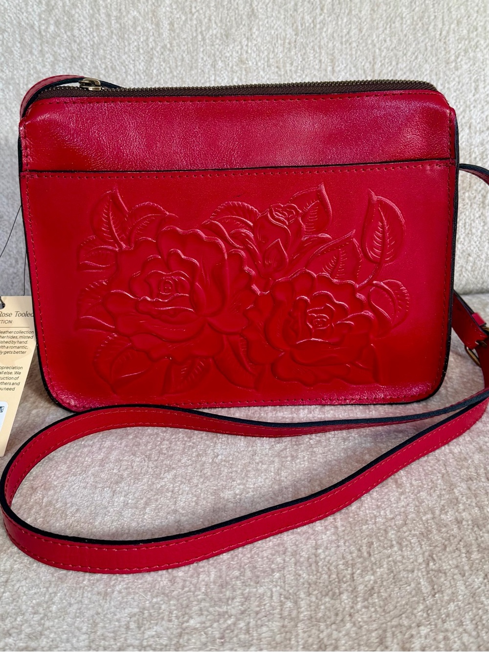 Patricia Nash Red Floral Embossed Leather Crossbody Bag
